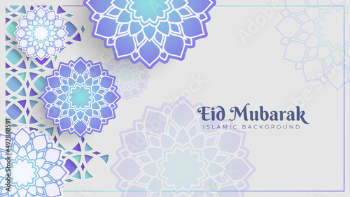 Eid al Fitr greeting card banner with beautiful flowers decoration on the white background. Islamic celebration template with Arabic ornament and mandala. Bright abstract background