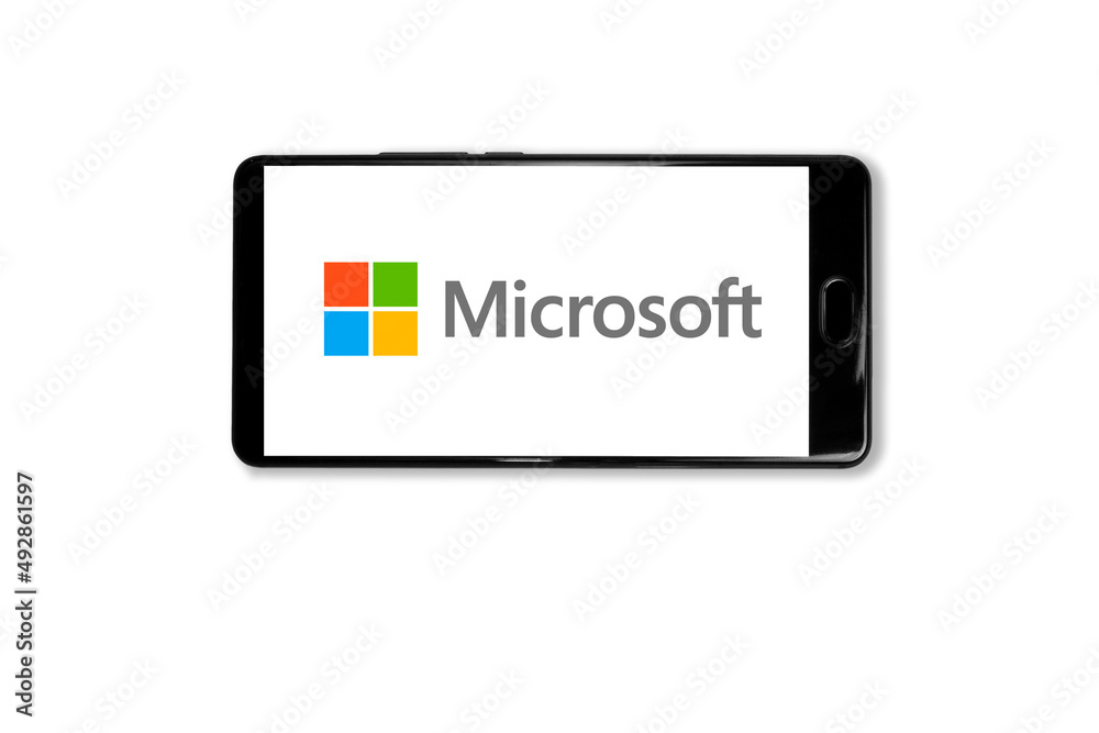Kostanay, Kazakhstan, March 15, 2022.Mobile phone with Microsoft logo on  screen.Shot in studio on white background. Stock Photo | Adobe Stock