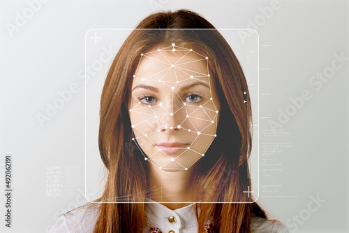 Serious business woman and smart technology for face recognition, double exposure. Biometric identification, futuristic cyber security, scanning and facial detection