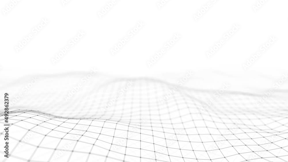 Abstract white wave with moving dots and lines. Flow of particles. Cyber technology illustration. 3d rendering.