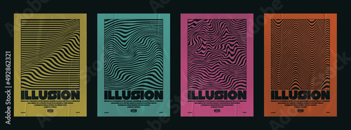Collection of modern minimalistic abstract posters with optical illusion. Multicolored poster with paper texture