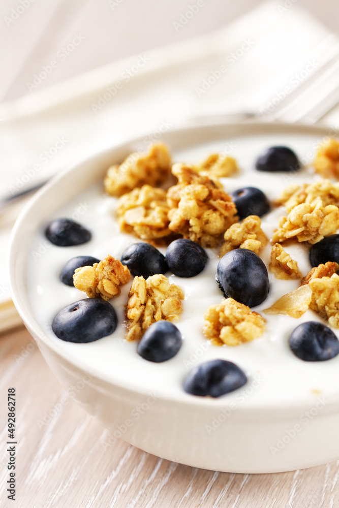 Yogurt with granola, nuts and blueberries in a ceramic plate on the white kitchen table Yogurt with granola, nuts and blueberries in a ceramic plate on the white kitchen table