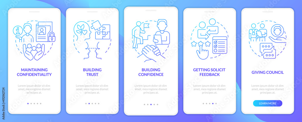 HR communicative skills blue gradient onboarding mobile app screen. Walkthrough 5 steps graphic instructions pages with linear concepts. UI, UX, GUI template. Myriad Pro-Bold, Regular fonts used
