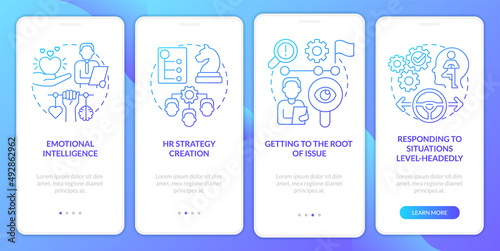 HR soft skills blue gradient onboarding mobile app screen. Hiring work walkthrough 4 steps graphic instructions pages with linear concepts. UI, UX, GUI template. Myriad Pro-Bold, Regular fonts used