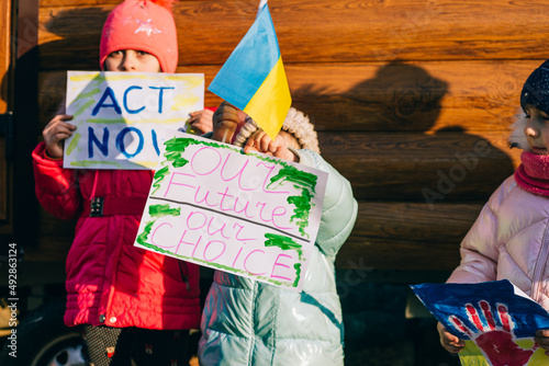 Small girls in protest against the war in Ukraine