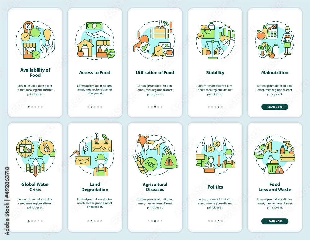 Naklejka premium Food security onboarding mobile app screen set. Problems walkthrough 5 steps graphic instructions pages with linear concepts. UI, UX, GUI template. Myriad Pro-Bold, Regular fonts used