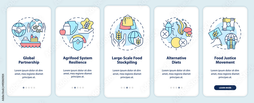 Food security approaches onboarding mobile app screen. Walkthrough 5 steps graphic instructions pages with linear concepts. UI, UX, GUI template. Myriad Pro-Bold, Regular fonts used