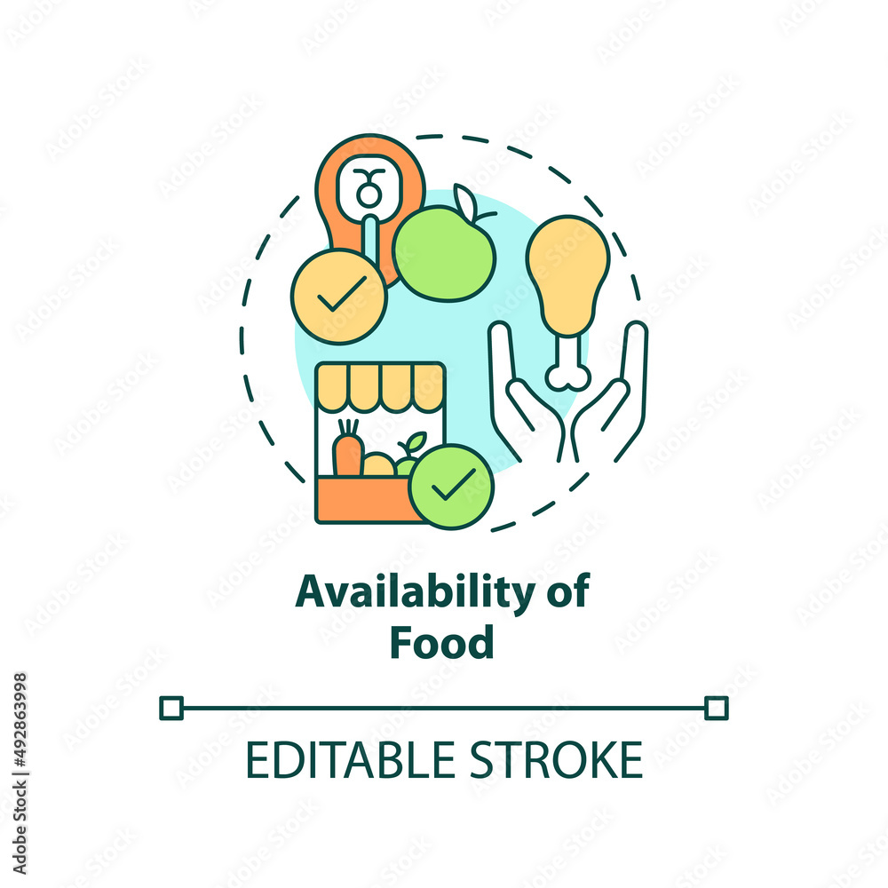 Availability of food concept icon. Food security basic definitions abstract idea thin line illustration. Isolated outline drawing. Editable stroke. Arial, Myriad Pro-Bold fonts used