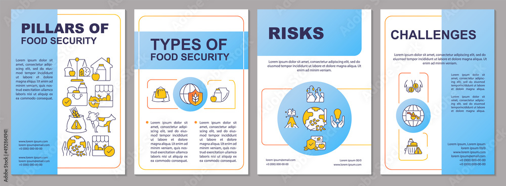 Pillars of food security blue brochure template. Risks and challenges. Leaflet design with linear icons. 4 vector layouts for presentation, annual reports. Arial-Black, Myriad Pro-Regular fonts used