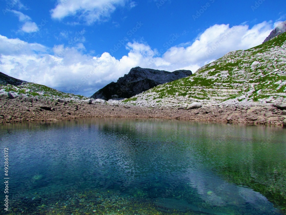 Rjavo jezero of the seven lakes in the Triglav lakes valley in Triglav national park and Julian alps in Gorenjska, Slovenia