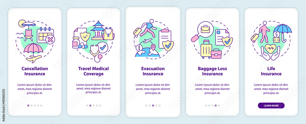 Types of travel insurance onboarding mobile app screen. Tourist coverage walkthrough 5 steps graphic instructions pages with linear concepts. UI, UX, GUI template. Myriad Pro-Bold, Regular fonts used