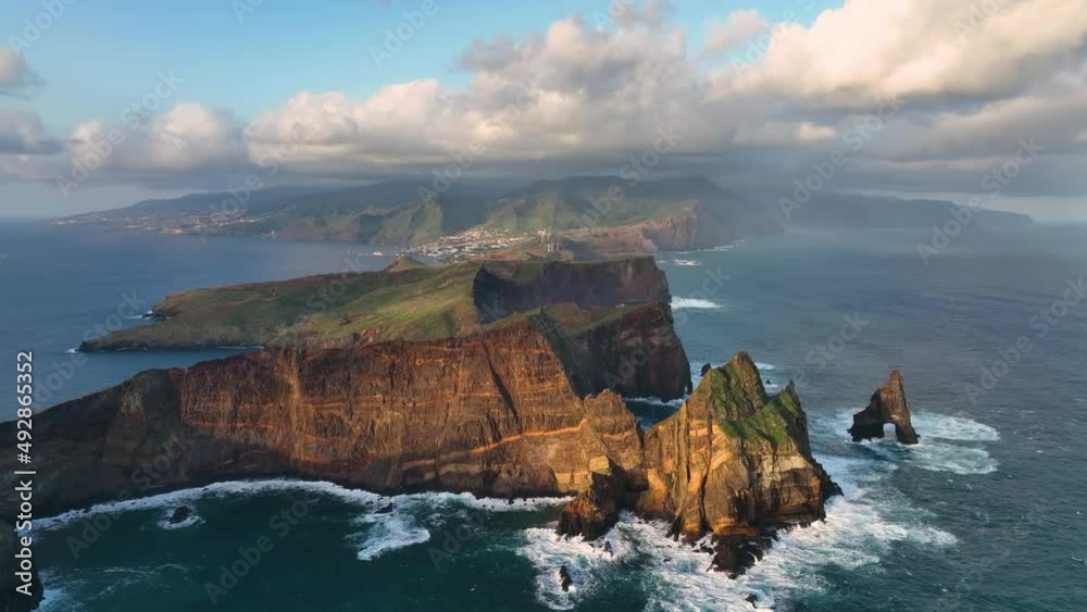 Beautiful landscape on Madeira island. Atlantic ocean waves crashing over the rocks of Madeira island. cape at the eastern part of the island. Portugal