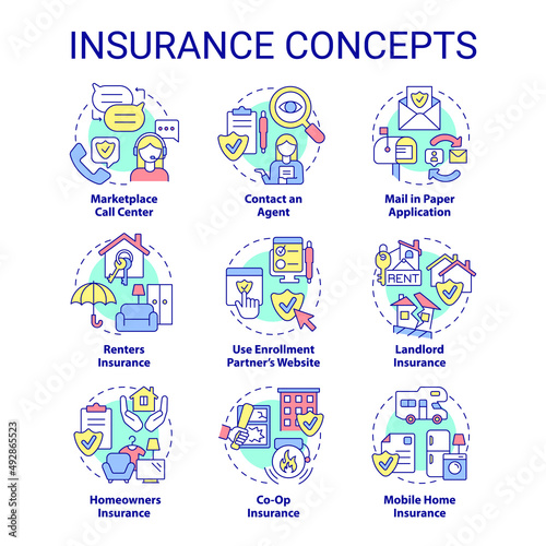 Insurance concept icons set. Financial protection policy. Safety service for customers idea thin line color illustrations. Isolated symbols. Editable stroke. Roboto-Medium, Myriad Pro-Bold fonts used
