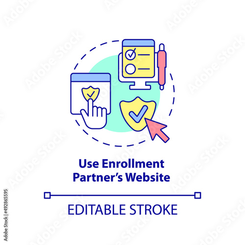 Use enrollment partner website concept icon. Applying for insurance way abstract idea thin line illustration. Isolated outline drawing. Editable stroke. Arial, Myriad Pro-Bold fonts used