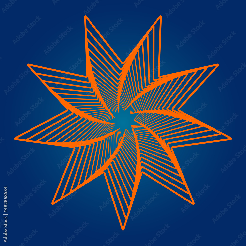 Twisted lines of an orange nine-cornered star. Vector 3d tunnel made of geometric shape. Abstract graphic spiral on a blue background.