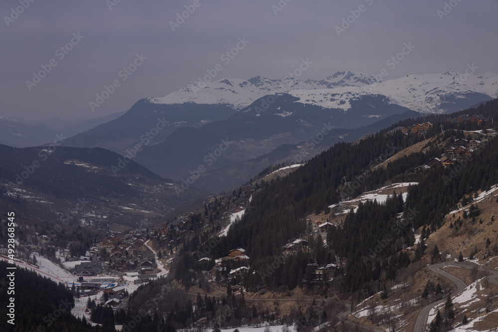 Overview of the valley of Meribel looking from the hills above. Houses and villages in french alps around Meribel and Courchevel.
