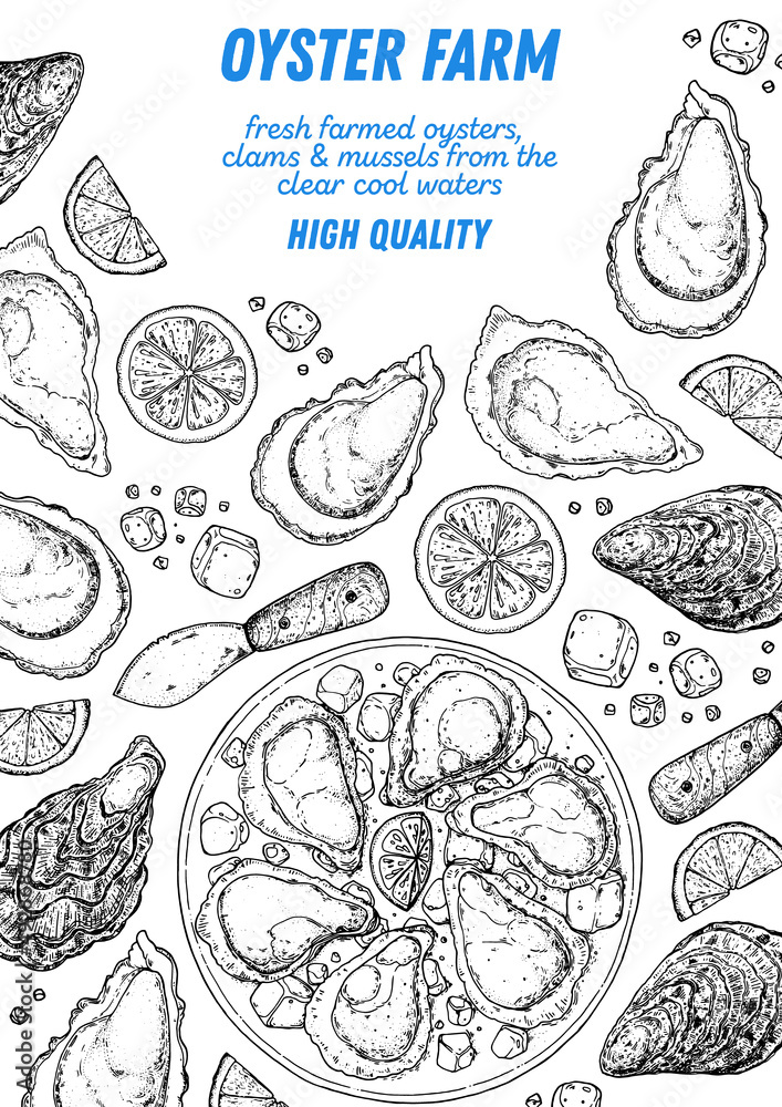 Oysters and oysters dish with lemon and ice sketch. Hand drawn vector illustration. Top view. Design template. Food menu. Oysters and oysters dish with lemon and ice sketch. Hand drawn vector illustration. Top view. Design template. Food menu.