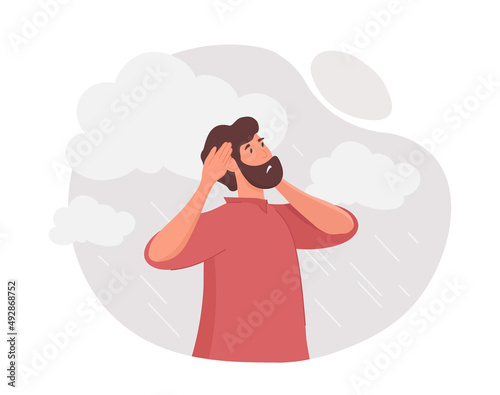 Concept of depression. Man grabs head with hands, sadness and despondency. Psychological and mental problems, health care. Difficulties at work or in personal life. Cartoon flat vector illustration