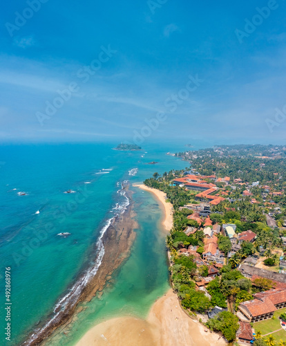 Aerial view tropical beach Moragalla, Beruwala, Sri Lanka
