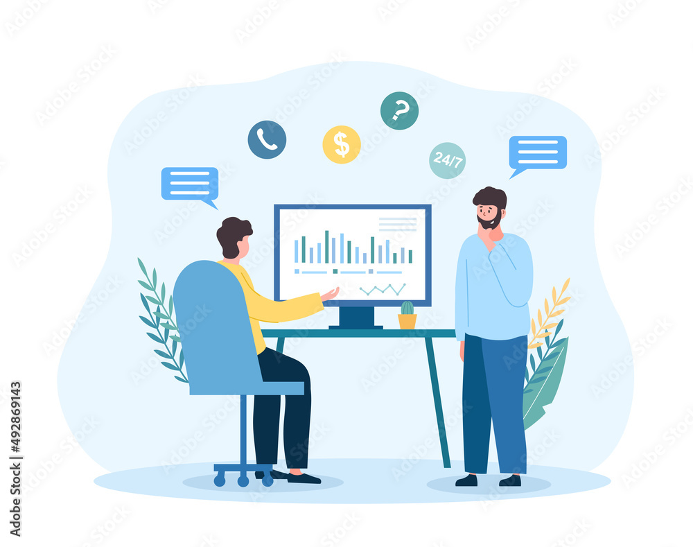 Business investment concept. Men analyze graphs and charts, financial literacy and asset valuation. Passive income. Accountants and financial department of company. Cartoon flat vector illustration Business investment concept. Men analyze graphs and charts, financial literacy and asset valuation. Passive income. Accountants and financial department of company. Cartoon flat vector illustration