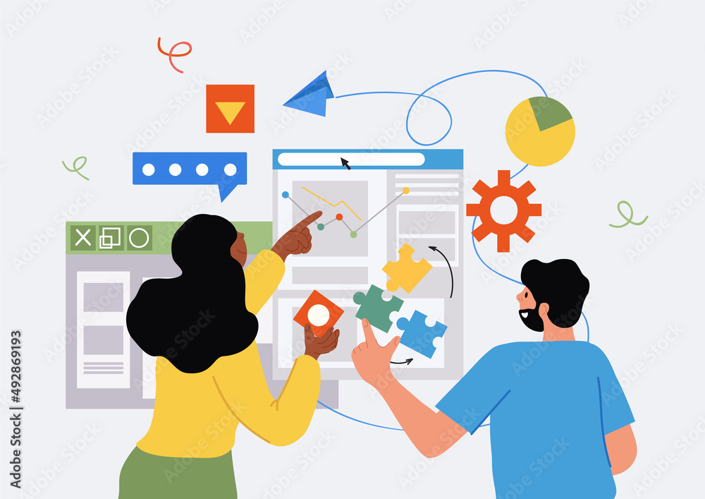Man and girl analyze graphs. Marketing research, investors assess business, employees looking for ways to develop company. Work with information and statistics. Cartoon flat vector illustration