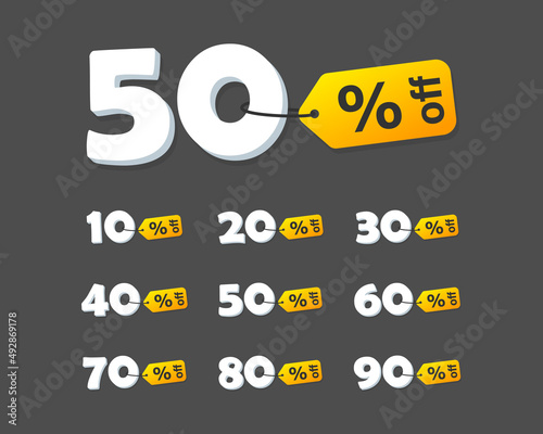 Special offer discount label with different sale percentage. 10, 20, 30, 70, 50 percent off price reduction badge. Vector iilustration EPS 10