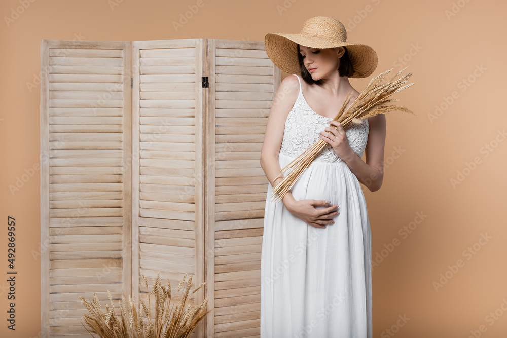 Pregnant woman in dress holding spikelets and touching belly near folding screen isolated on beige