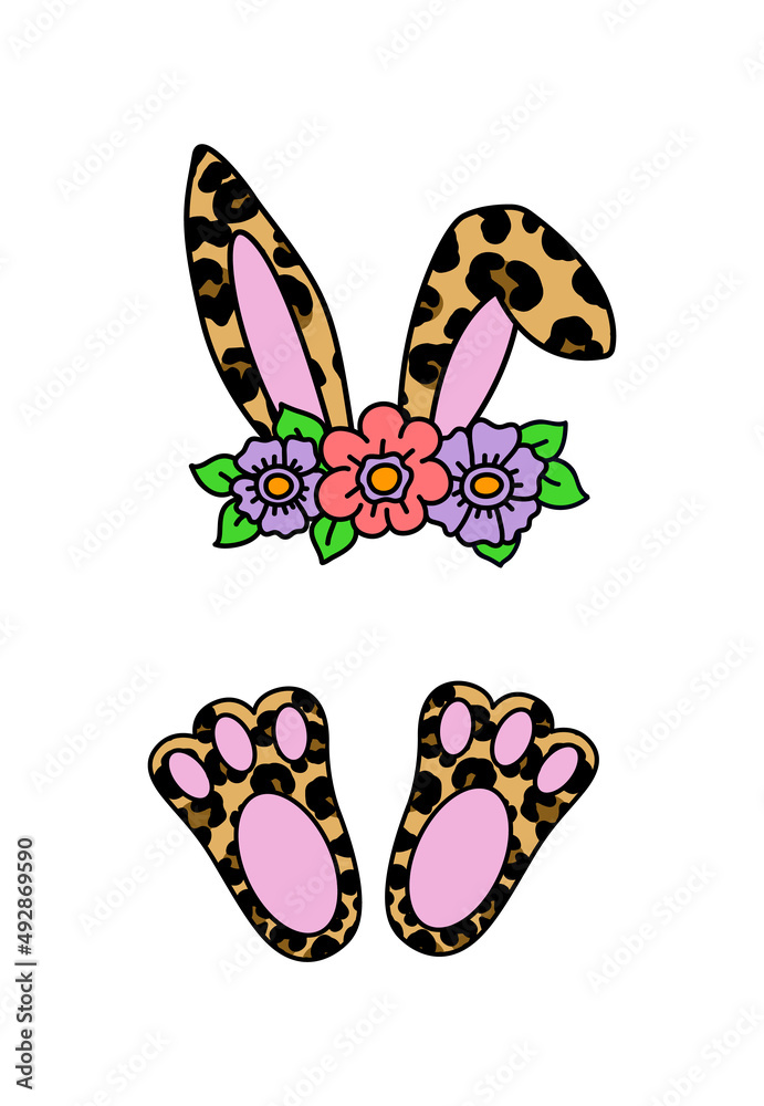 Easter bunny face with flowers. Leopard print. Name frame monogram design. Cute hand drawn vector illustration. Isolated white background. For Easter decor, scrapbooks, invitations and cards