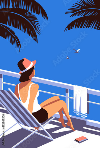 Female enjoy tropical vacation. Blue ocean sky scenic view, summer seaside nature landscape background. Holiday vacation season sea travel leisure illustration. Sea sailing relax tourist vector poster