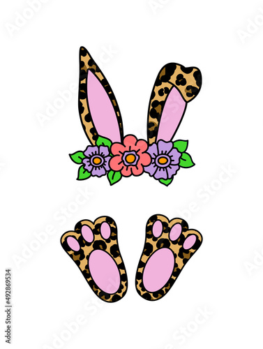 Easter bunny ears and feet. Leopard print with flowers. Monogram design - name frame. Cute hand drawn vector illustration. Isolated white background. For Easter decor, invitations and postcards