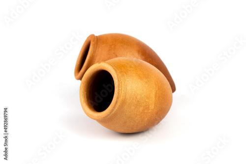 Kvevri (Qvevri,) Georgian traditional clay vessel for wine on white isolated background.