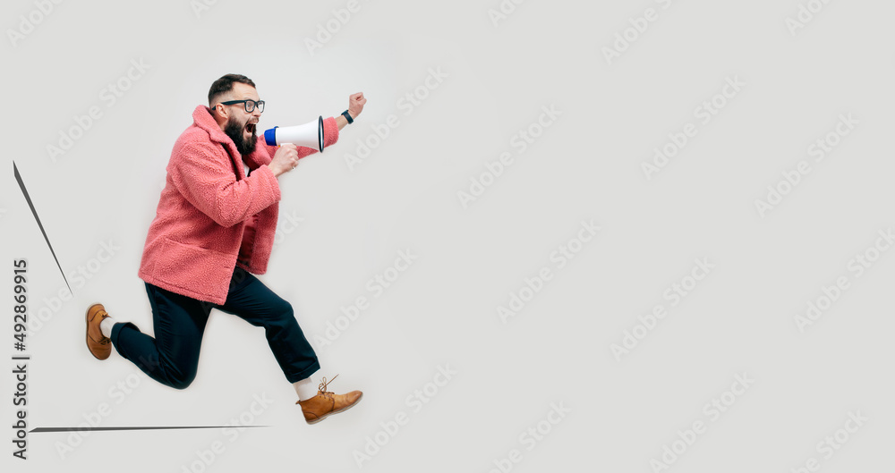 Fototapeta premium Funny portrait of an emotional running guy with a megaphone. Collage in magazine style. Flyer with trendy colors, advertising copy space. Discount, sale season. Information concept. Attention news!