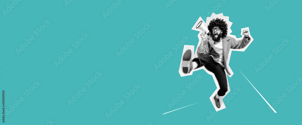 Funny portrait of an emotional jumping guy with a megaphone. Collage in magazine style. Flyer with trendy colors, advertising copy space. Discount, sale season. Information concept. Attention news! - obrazy, fototapety, plakaty 