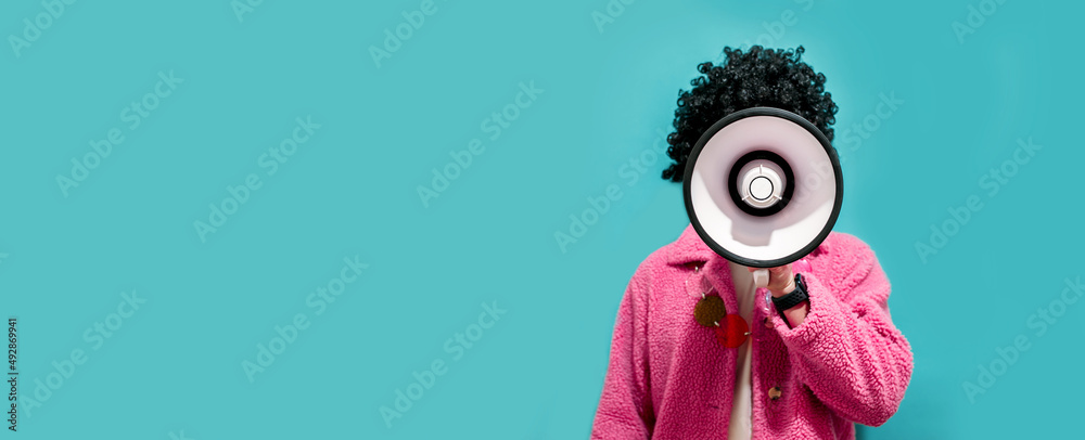 Funny portrait of an emotional guy with a megaphone. Collage in magazine style. Flyer with trendy colors, advertising copy space. Discount, sale season. Information concept. Attention news! - obrazy, fototapety, plakaty 