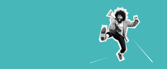 Funny portrait of an emotional jumping guy with a megaphone. Collage in magazine style. Flyer with trendy colors, advertising copy space. Discount, sale season. Information concept. Attention news!