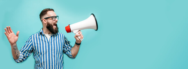 Funny portrait of an emotional guy with a megaphone. Collage in magazine style. Flyer with trendy colors, advertising copy space. Discount, sale season. Information concept. Attention news!