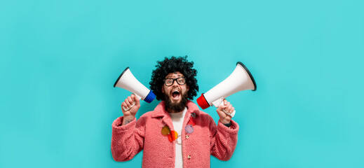 Funny portrait of an emotional guy with a megaphone. Collage in magazine style. Flyer with trendy colors, advertising copy space. Discount, sale season. Information concept. Attention news!