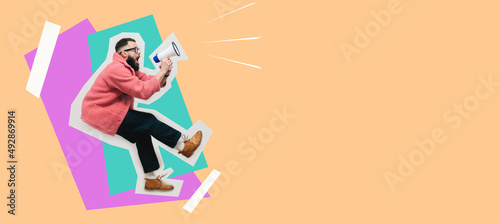 Funny portrait of an emotional jumping guy with a megaphone. Collage in magazine style. Flyer with trendy colors, advertising copy space. Discount, sale season. Information concept. Attention news! photo