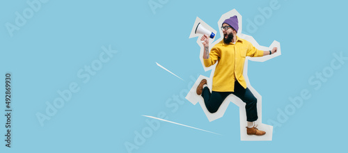 Funny portrait of an emotional running guy with a megaphone. Collage in magazine style. Flyer with trendy colors, advertising copy space. Discount, sale season. Information concept. Attention news!