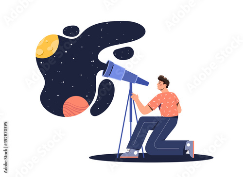 Sky through Telescope. Scientific research, character loves astronomy. Young guy learning sky, love for stars and other planets, open space. universe and galaxy. Cartoon flat vector illustration