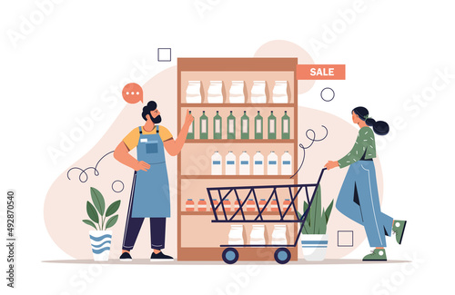 Seller in shop. Girl with basket walks past merchandise counter. Supermarket, hostess and daily shopping. Character next to cashier, seller offers goods at discount. Cartoon flat vector illustration