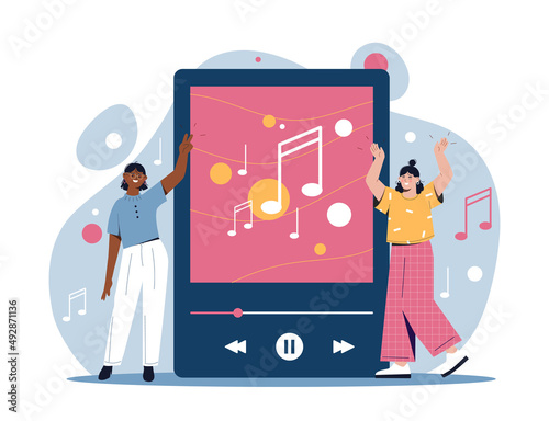 People and music. Girls dancing near player, friends listening to their favorite audio. Disco or party and active lifestyle. Students relaxing after lessons. Cartoon flat vector illustration