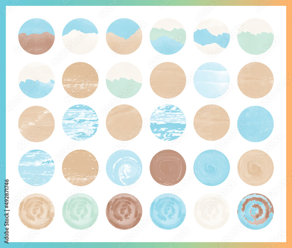 Set of highlight covers for social media. Watercolor icons in blue and beige colors.