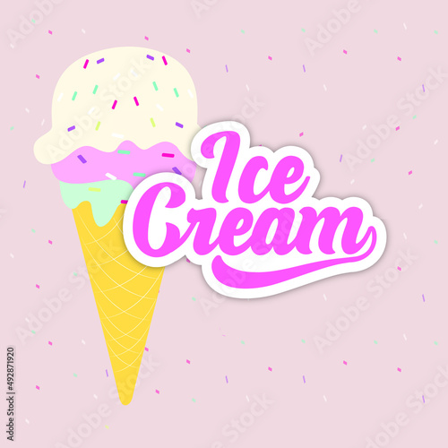 Ice cream cone close-up. Pink Icecream scoop in waffle cone over blue background. Strawberry or raspberry flavor Sweet dessert decorated with colorful sprinkles  closeup