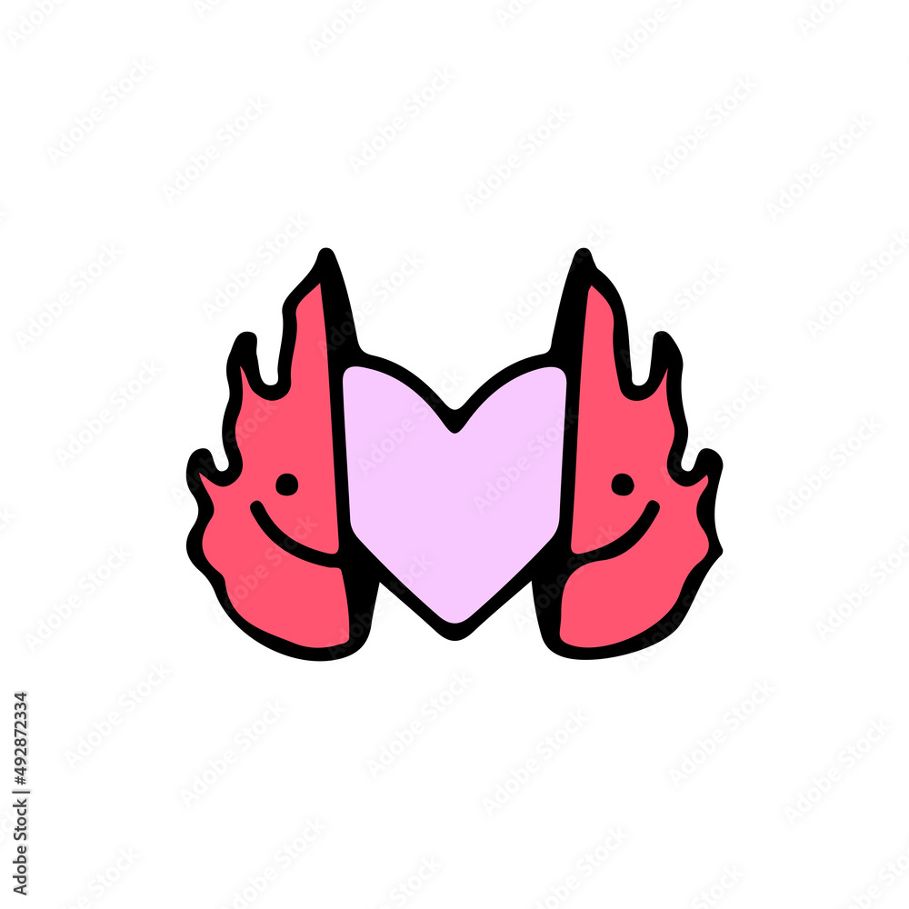 Two half of fire with heart inside. Illustration for street wear, t shirt, poster, logo, sticker, or apparel merchandise. Retro and pop art style. Two half of fire with heart inside. Illustration for street wear, t shirt, poster, logo, sticker, or apparel merchandise. Retro and pop art style.