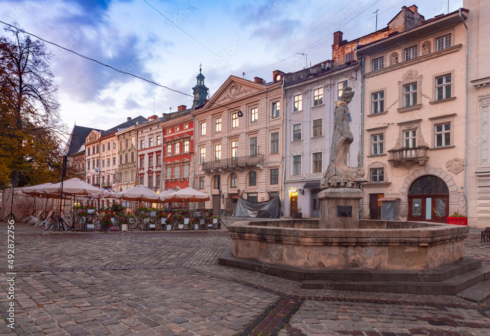 Lvov. Old medieval town hall square at dawn.