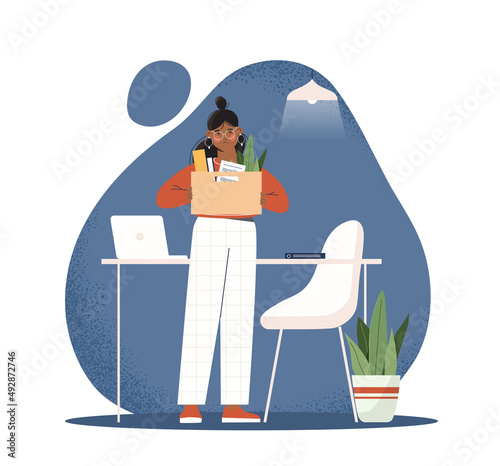 Concept of dismissal. Sad girl collects her things in box, employee in office. Character with books, folders and documents. Search for new job, unclaimed specialist. Cartoon flat vector illustration