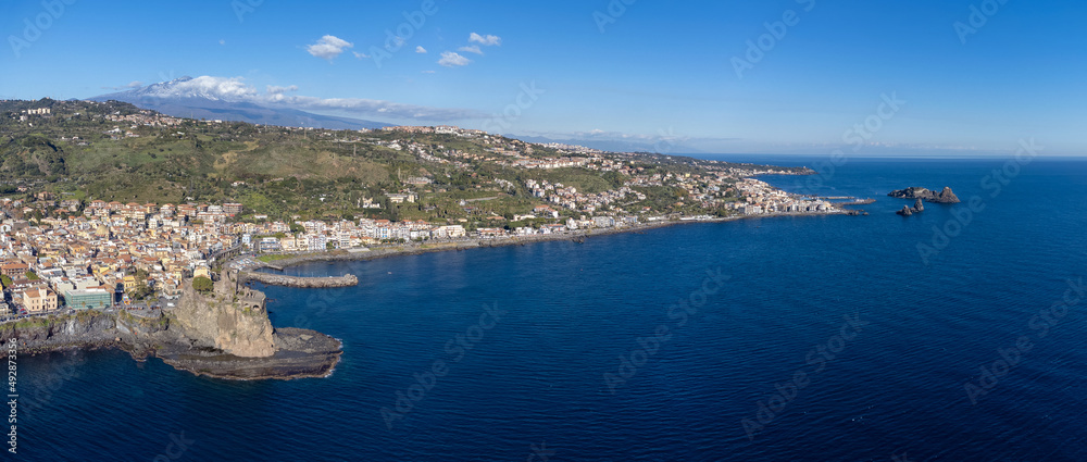 Aerial view. Panorama of Acicastello and its Norman castle