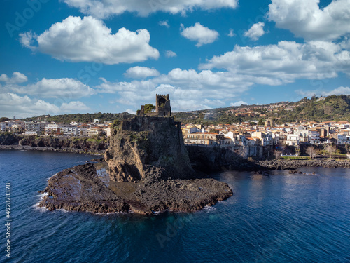 Aerial view. Panorama of Acicastello and its Norman castle