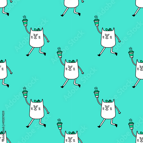 Cool cat with coffee cup, seamless pattern background illustration for t-shirt, sticker, or apparel merchandise. With doodle, retro, and cartoon style.